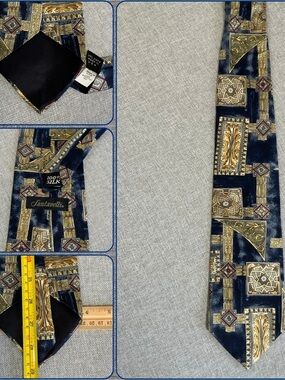 Vintage Santavelli Silk Geometric Wide Tie Navy Gold